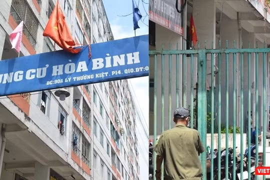 Cận cảnh chung cư Hòa Bình phong tỏa nghiêm ngặt, nơi bệnh nhân số 48 sinh sống. Ảnh: N.T