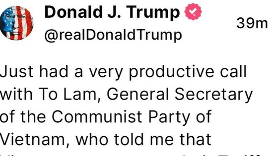 Tổng thống Hoa Kỳ Donald Trump chia sẻ về 'cuộc điện đàm rất hiệu quả' với Tổng Bí thư Tô Lâm