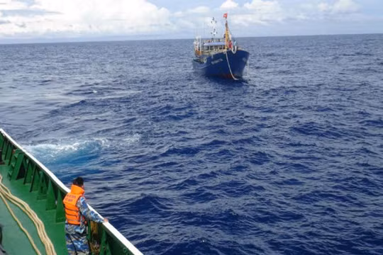 Tàu cảnh sát biển 6007 tiếp cận và lai kéo tàu cá bị nạn về bờ - Ảnh: Đ.ĐỊNH