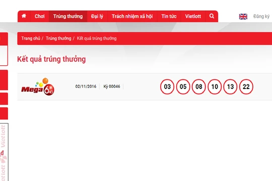 Thông báo trên trang chủ Vietlott