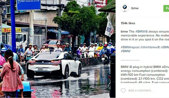 Hình ảnh chiếc i8 lội nước được đăng lên tài khoản Instagram của hãng BMW. Ảnh chụp màn hình