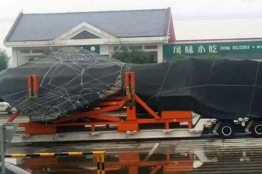 Ảnh máy bay được cho là chiếc J-31 thứ hai bị sự cố và được trùm bạt kín trên xe tải, chụp ngày 3.7.2016 - Weibo