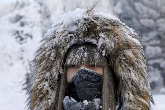 Người phụ nữ trùm kín đầu trong khu rừng bên bờ sông Yenisei, thành phố Krasnoyarsk, Nga, khi nhiệt độ ở đây rơi xuống khoảng -21 độ C.