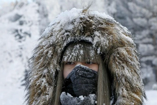 Người phụ nữ trùm kín đầu trong khu rừng bên bờ sông Yenisei, thành phố Krasnoyarsk, Nga, khi nhiệt độ ở đây rơi xuống khoảng -21 độ C.