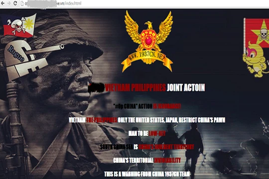 Giao diện của một website bị nhóm 1937cn tấn công cuối tháng 5/2015 với thông điệp liên quan đến xung đột trên Biển Đông giữa Trung Quốc và các nước ASEAN như Việt Nam, Philippines... (Nguổn ảnh: Whitehat.vn) 