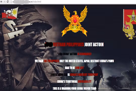 Giao diện của một website bị nhóm 1937cn tấn công cuối tháng 5/2015 với thông điệp liên quan đến xung đột trên Biển Đông giữa Trung Quốc và các nước ASEAN như Việt Nam, Philippines... (Nguổn ảnh: Whitehat.vn) 