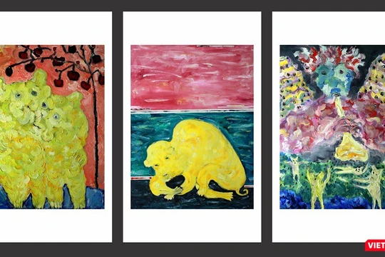 Tranh của họa sĩ Bùi Hoàng Dương với cảm hứng từ hình tượng con chó (Ảnh: Họa sĩ cung cấp) 