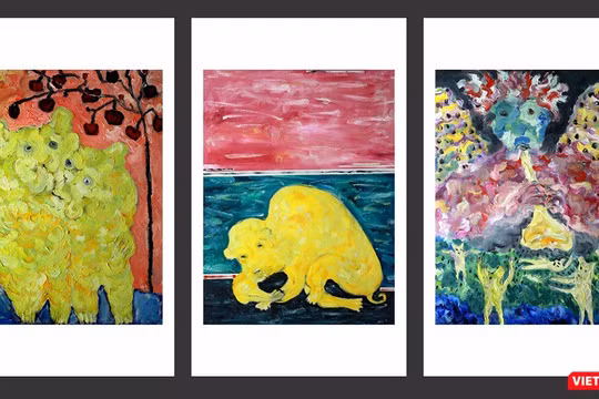 Tranh của họa sĩ Bùi Hoàng Dương với cảm hứng từ hình tượng con chó (Ảnh: Họa sĩ cung cấp) 