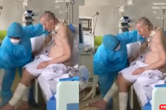 Những hình ảnh mới nhất cho thấy bệnh nhân 91 đã có thể ngồi dậy, đung đưa chân, bắt đầu tập ăn qua đường tiêu hóa (Ảnh cắt từ clip) 