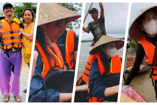 Rất nhiều sao Việt đang mang hàng cứu trợ về tới tay bà con vùng lũ (Ảnh: Hoà Bình ghép) 