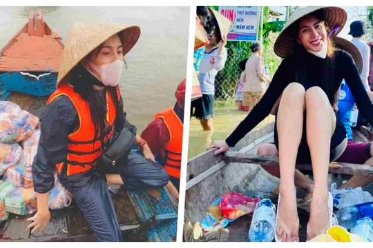 Thuỷ Tiên tuyên bố tiền cứu trợ bão lũ đã tăng lên 150 tỉ đồng (Ảnh: FBNV, Hoà Bình ghép) 