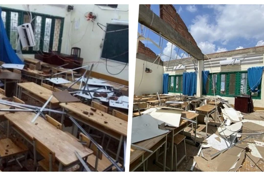 Sẽ tốn gần 3 tỉ đồng sửa chữa trường Bình Phú sau sự cố lốc xoáy làm tốc mái khiến nhiều phòng học bị ảnh hưởng nặng nề (Ảnh: HB ghép)