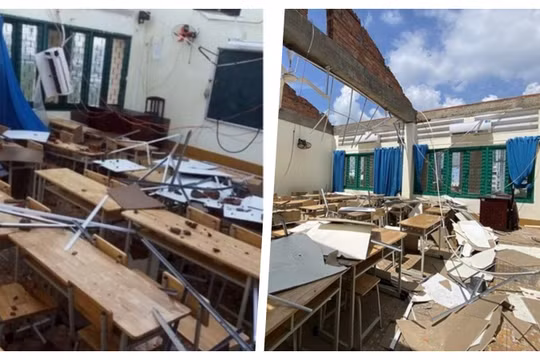 Sẽ tốn gần 3 tỉ đồng sửa chữa trường Bình Phú sau sự cố lốc xoáy làm tốc mái khiến nhiều phòng học bị ảnh hưởng nặng nề (Ảnh: HB ghép)