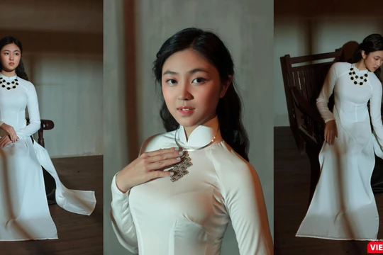 Đại sứ Áo dài bảng Thiếu nhi mùa đầu Vũ Trần Bảo Nguyên khoe trọn vẻ đẹp băng thanh ngọc khiết độ trăng rằm (Ảnh: Alex Cui) 