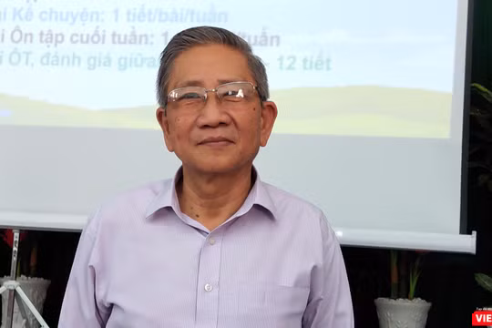 GS Nguyễn Minh Thuyết có buổi trao đổi với 220 giáo viên đến từ nhiều trường tại TP.HCM về bộ sách Cánh diều (Ảnh: Hòa Bình) 