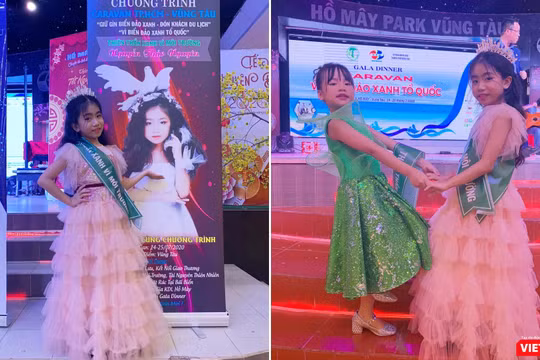 Siêu mẫu nhí Nguyễn Thảo Nguyên (mang vương miện) được vinh danh với vai trò Thiên thần xanh vì môi trường. (Ảnh: Như Huỳnh) 