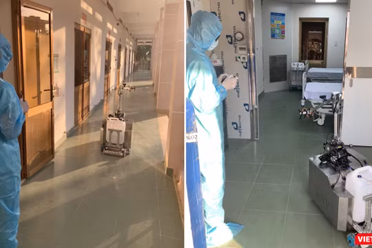 Hôm nay, BV Dã chiến Củ Chi vừa chính thức đưa robot khử khuẩn phòng cách ly đi vào hoạt động (Ảnh: Hòa Bình ghép) 