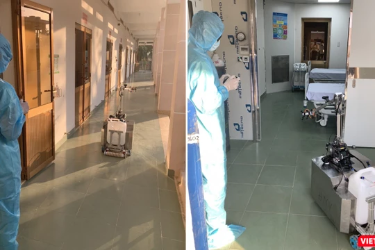 Hôm nay, BV Dã chiến Củ Chi vừa chính thức đưa robot khử khuẩn phòng cách ly đi vào hoạt động (Ảnh: Hòa Bình ghép) 