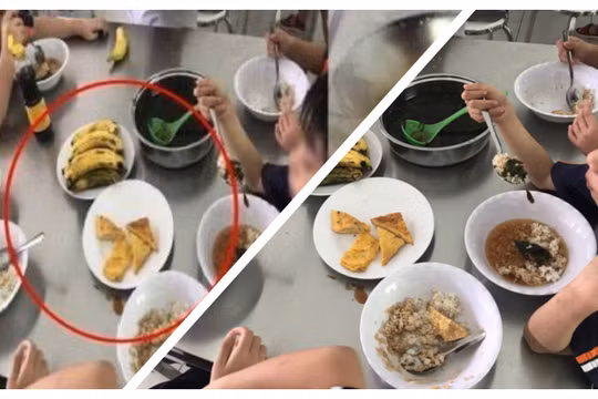 Bữa trưa bán trú của học sinh Trường Tiểu học Trần Thị Bưởi bị phản ứng dữ dội vì quá ít dinh dưỡng và nhiều thực phẩm không đảm bảo an toàn đã được nhập vào bếp ăn (Ảnh: HB ghép)