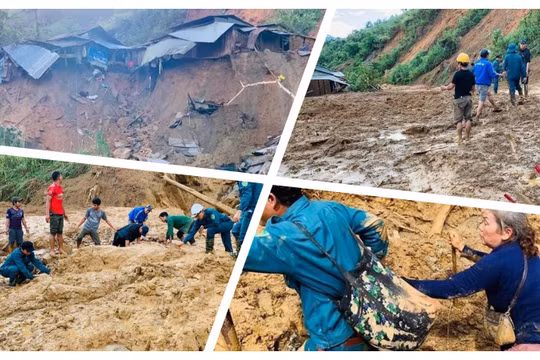 Thảm cảnh tan hoang sau vụ lở núi Phước Sơn sáng nay (Ảnh: Hoà Bình ghép)