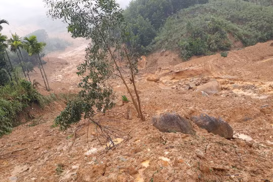 Vụ sạt lở kinh hoàng mờ sáng hôm nay ở Sơn Long xé toạc cả một khu vực rộng khoảng 1ha - Ảnh: T.V