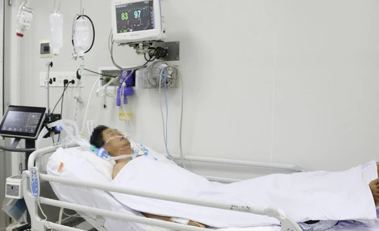 BS Lê Quốc Hùng, Trưởng khoa Bệnh nhiệt đới, BV Chợ Rẫy cho biết, nam bệnh nhân đến từ Vũng Tàu vẫn đang thở máy, sinh hiệu ổn, sức cơ vẫn còn yếu, sụp mi mắt hoàn toàn (Ảnh: BVCR)