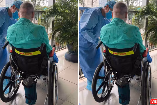 Bệnh nhân 91 đã có thể ra ngoài đi dạo, phơi nắng trên xe lăn (Ảnh: BVCR) 