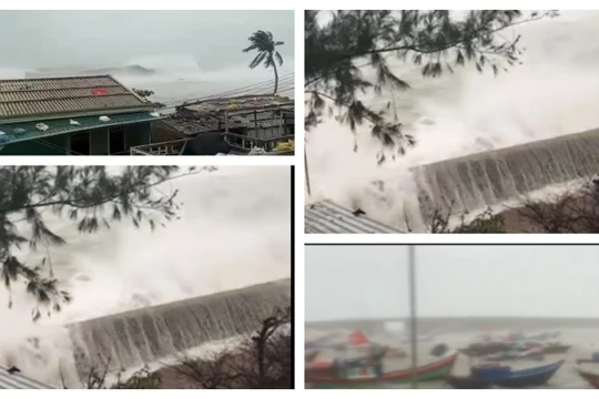 Cột sóng cao gần 10m đập vào đảo Lý Sơn sáng nay 28/10 (Ảnh: Hoà Bình ghép từ video clip) 