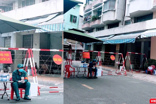 Lực lượng chức năng đã phong toả khu Chung cư Sư Vạn Hạnh, nơi BN1451 sống tại Lầu 4 (Ảnh: Hoà Bình) 