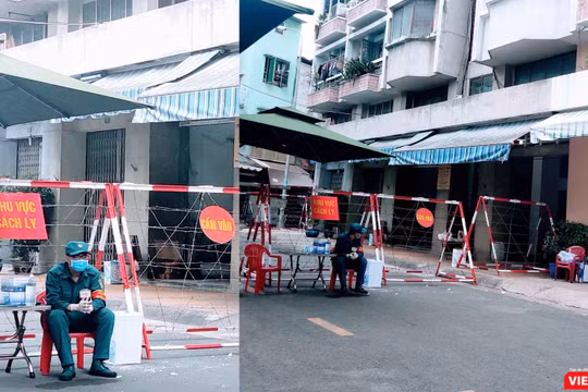 Lực lượng chức năng đã phong toả khu Chung cư Sư Vạn Hạnh, nơi BN1451 sống tại Lầu 4 (Ảnh: Hoà Bình) 