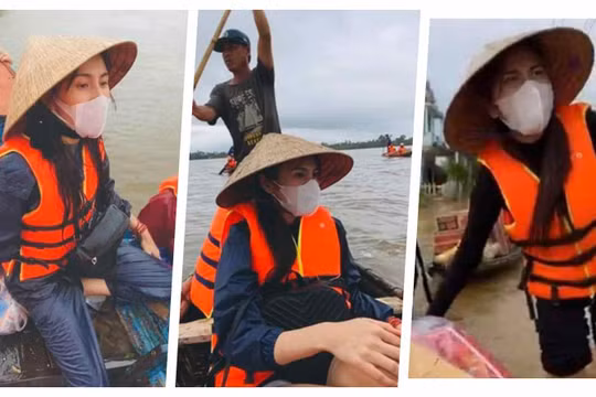 Thuỷ Tiên đi cứu trợ đồng bào vùng lũ miền Trung (Ảnh: FBNV, Hoà Bình ghép)