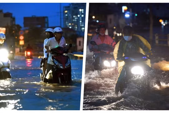 Hiện tượng triều cường dâng cao gây khó khăn cho giao thông TP.HCM vào thời điểm 18 giờ (Ảnh: HB ghép)