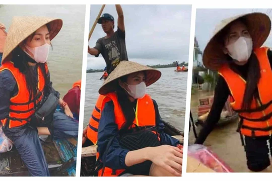 Ca sĩ Thuỷ Tiên trên xuồng cứu trợ đi tới với bà con vùng lũ (Ảnh: Hoà Bình ghép)