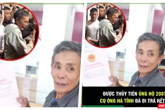 Thuỷ Tiên đã trao 200 triệu đồng cho một người dân đi trả hết nợ ngân hàng vì mất trắng gia sản sau lũ (Ảnh: FBNV) 