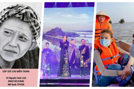 Sao Việt làm từ thiện cứu trợ miền Trung bão lũ (Ảnh: Hoà Bình ghép) 