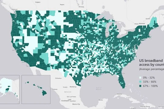 Bản đồ tỉ lệ tiếp cận Internet băng thông rộng tại Mỹ (nguồn: FCC 2016 Broadband Progress Report).