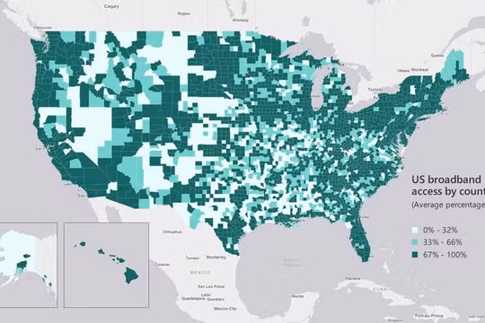 Bản đồ tỉ lệ tiếp cận Internet băng thông rộng tại Mỹ (nguồn: FCC 2016 Broadband Progress Report).