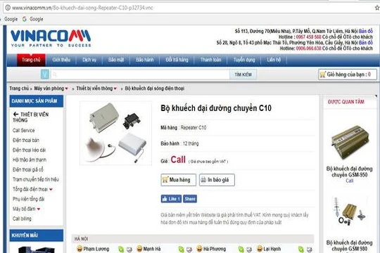 Theo phản ánh của Cục Tần số vô tuyến điện - Bộ TT&TT , một số website thương mại điện tử đang rao bán các thiết bị kích sóng di động không được cấp Giấy chứng nhận và công bố hợp quy (Trong ảnh: Bộ khuếch đại sóng Repeater C10 là 1 trong 20 loại thiết bị