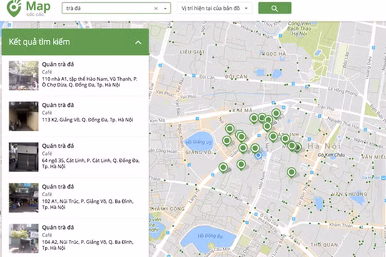 Tìm kiếm quán trà đá với bản đồ của Cốc Cốc. (Ảnh chụp màn hình)