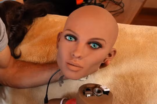 Sergi Santos - một kỹ sư công nghệ nano xứ Catalan đang giữ đầu Samantha, một búp bê tình dục có trí thông minh nhân tạo, làm cho “cô” có khả năng đáp ứng các kịch bản khác nhau và kích thích bằng lời nói. Ảnh REUTERS / Albert Gea