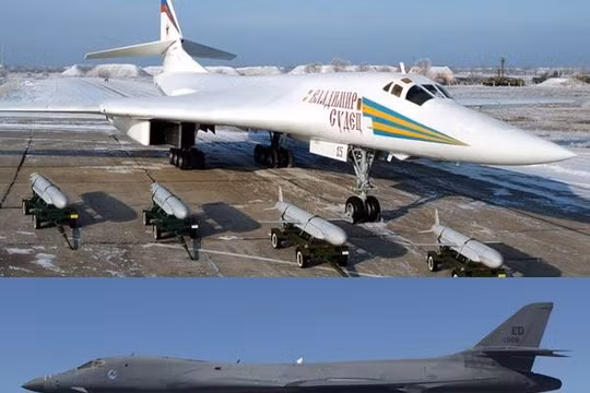 TU-160 (ở trên) có khả năng mang theo 12 tên lửa hành trình tấn công mặt đất tầm siêu xa Kh-55SM. B-1B Lancer (ở dưới) có thể mang theo 24 đạn tấn công ngoài tầm phòng không điểm AGM-158 JASSM.