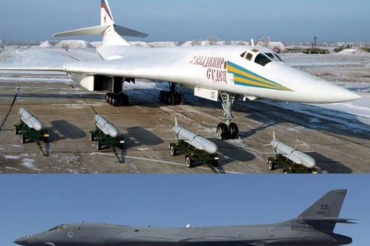 TU-160 (ở trên) có khả năng mang theo 12 tên lửa hành trình tấn công mặt đất tầm siêu xa Kh-55SM. B-1B Lancer (ở dưới) có thể mang theo 24 đạn tấn công ngoài tầm phòng không điểm AGM-158 JASSM.