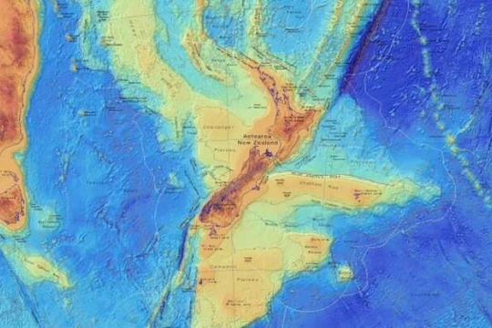 Một bản đồ độ sâu của Zealandia, trong đó nêu chi tiết địa hình nằm sâu dưới đáy biển của lục địa đã mất này. Ảnh: GNS Science