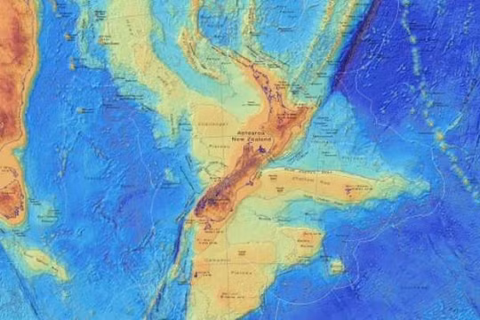 Một bản đồ độ sâu của Zealandia, trong đó nêu chi tiết địa hình nằm sâu dưới đáy biển của lục địa đã mất này. Ảnh: GNS Science