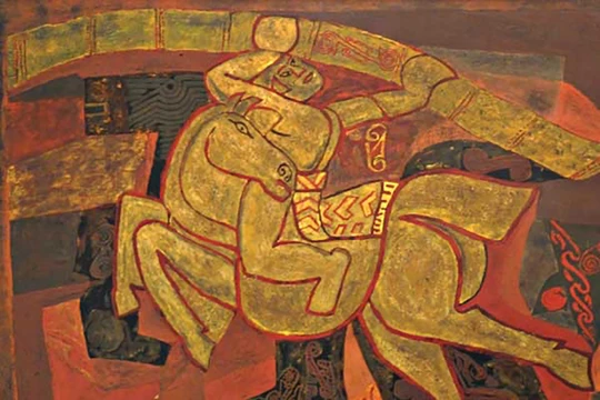 Bức tranh Gióng (1990) của tác giả Nguyễn Tư Nghiêm (1922 - 2016), chất liệu sơn mài, kích thước 90 x 120,3 cm. Ảnh: Kiều Dương