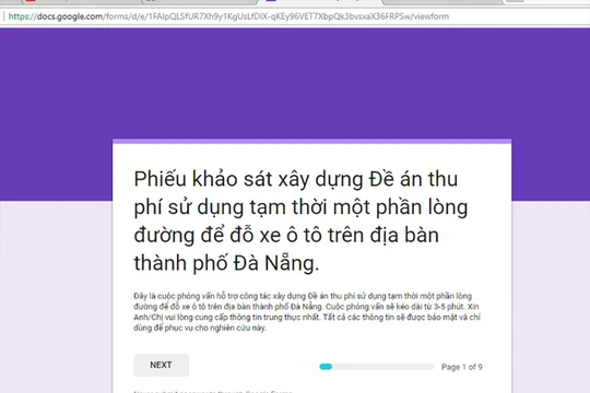 Phiếu khảo sát lấy ý kiến người dân về thu phí đậu đỗ xe trên một số tuyến đường