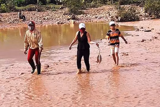 Vỡ hồ chứa khiến lượng lớn bùn non và nước thải xử lý vàng chạy xuống sông. ảnh MT-ĐT