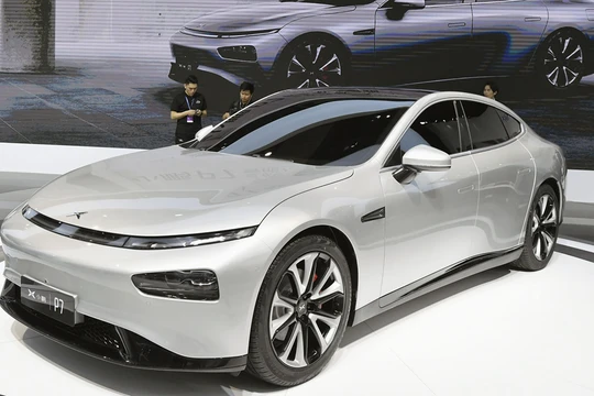 Xe điện Xpeng P7 trưng bày tại Auto Shanghai 2019. Ảnh CGTN