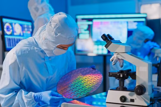 Các nhà khoa học nghiên cứu các tấm wafer chip silicon. Ảnh Shutterstock. 