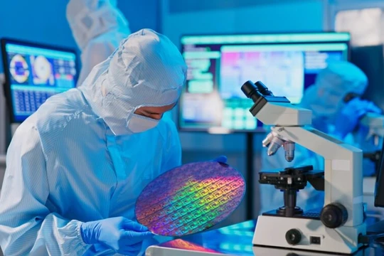 Các nhà khoa học nghiên cứu các tấm wafer chip silicon. Ảnh Shutterstock. 
